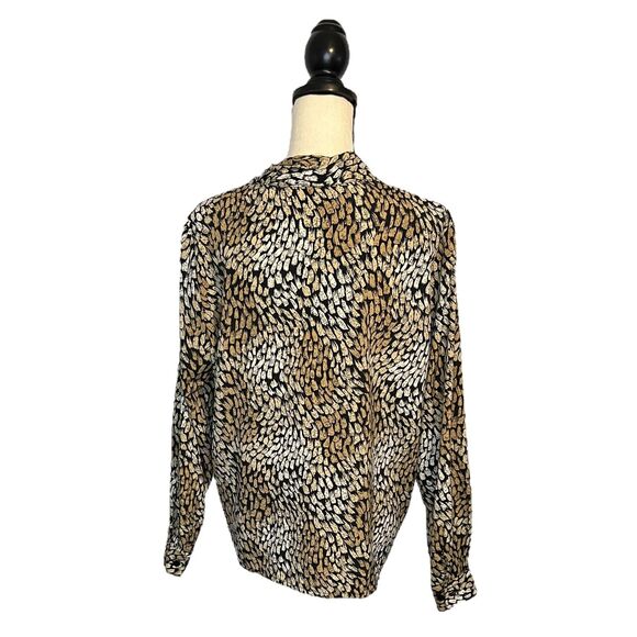 Liz Baker Women's 12 Black & Brown Brushstroke Satin Button Up Blouse Career - Picture 5 of 7